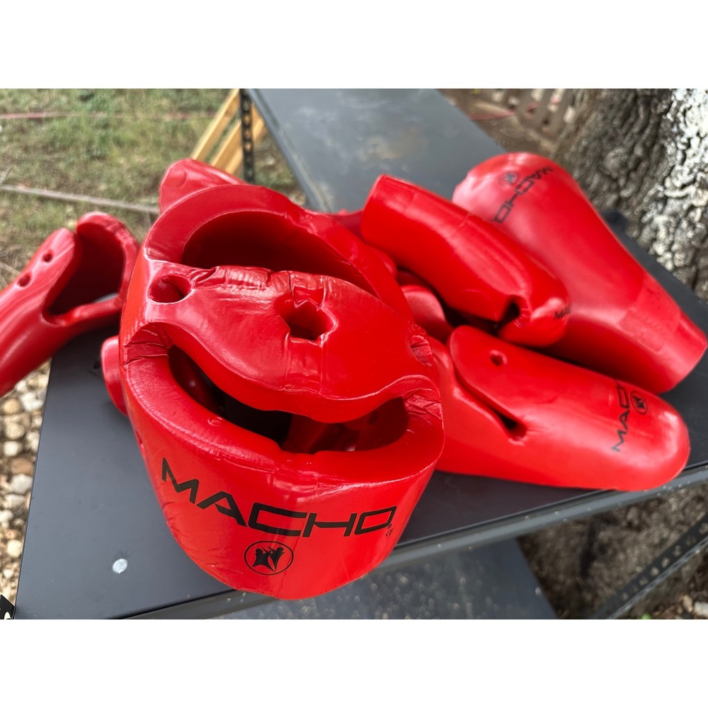 Macho Martial Arts Sparring Gear Set Red Head Guard Punch Mitts Kick Boots 5pc